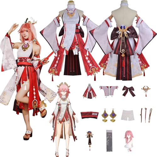 Daotutu Spiel Genshin Impact Cosplay Kostüm Outfit Rolle Yae Miko Cosplay Uniform Komplettset Set Halloween Karneval Party Dress Up Anzug mit Perücke (M) von Daotutu