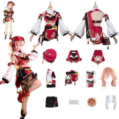 Daotutu Spiel Genshin Impact Cosplay Kostüm Outfit Rolle Yanfei Cosplay Uniform Komplettset Set Halloween Karneval Party Dress Up Anzug mit Perücke (2XL) von Daotutu