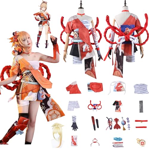 Daotutu Spiel Genshin Impact Cosplay Kostüm Outfit Rolle Yoimiya Cosplay Uniform Komplettset Set Halloween Karneval Party Dress Up Anzug mit Perücke (M) von Daotutu