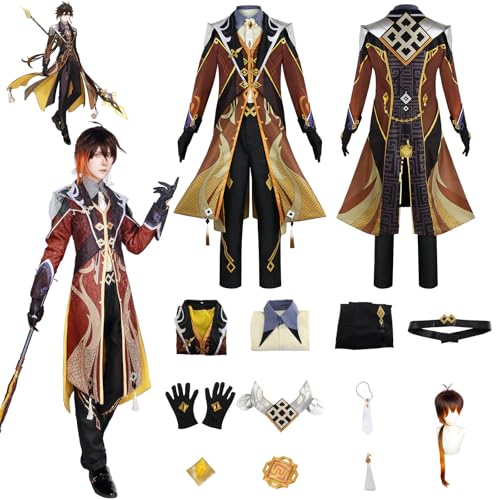 Daotutu Spiel Genshin Impact Cosplay Kostüm Outfit Rolle Zhongli Cosplay Uniform Komplettset Set Halloween Karneval Party Dress Up Anzug mit Perücke (L) von Daotutu