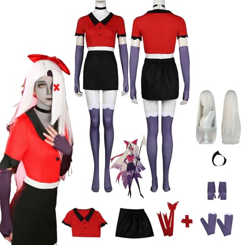 Daotutu Vaggie Hazbin Hotel Cosplay Kostüm mit Perücke für Frauen Charakter Angel Dust Rot Uniform Erwachsene Kleid Komplettset Jacke Dress Up Anzug Outfits Halloween Karneval Party Geschenke (L) von Daotutu