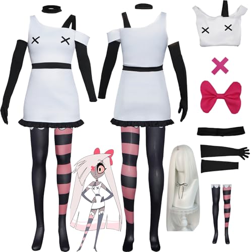 Daotutu Vaggie Hazbin Hotel Cosplay Kostüm mit Perücke für Frauen Charakter Niffty Weiß Uniform Erwachsene Kleid Komplettset Jacke Dress Up Anzug Outfits Halloween Karneval Party Geschenke (120) von Daotutu