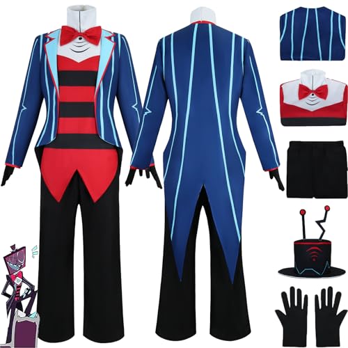 Daotutu Vox Hazbin Hotel Cosplay Kostüm mit Hut für Männer Charakter Adam Blau Uniform Erwachsene Mantel Hose Handschuhe Komplettset Jacke Dress Up Anzug Outfits Halloween Karneval Party (3XL) von Daotutu