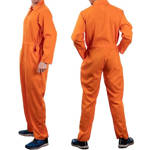 Darringls Geflüchteter Gefangener Herren Kostüm Overall Herren Gefangenenkostüm Orange Halloween Cosplay Mottoparty Karneval Orange Overall Prisoner Costume von Darringls