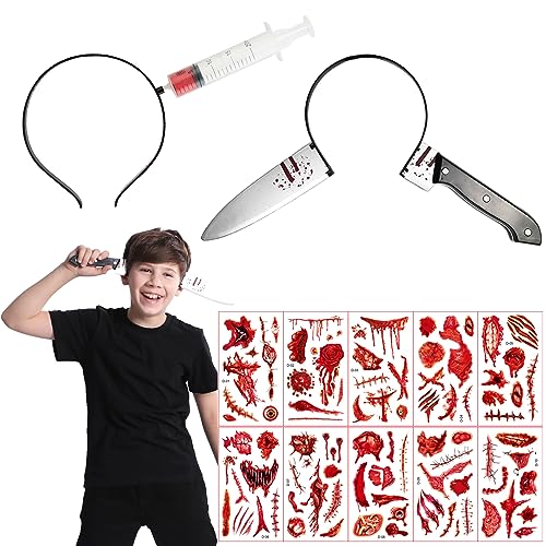 Darryy Horror Haarreif, Halloween Grusel Accessoires Set, Messer Syringe im Kopf, Narben Aufkleber, für Halloween Party von Darryy