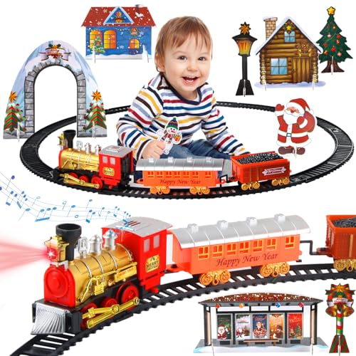 Darryy Klassisches Zug-Set Zug für Christbaum, Weihnachtsbaum Zug Elektrisch Mit Musik, Christmas Tree Train Set, Mit Scheinwerfern, DREI Waggons Und Schienen, Weihnachtlichen Ziersprossen von Darryy