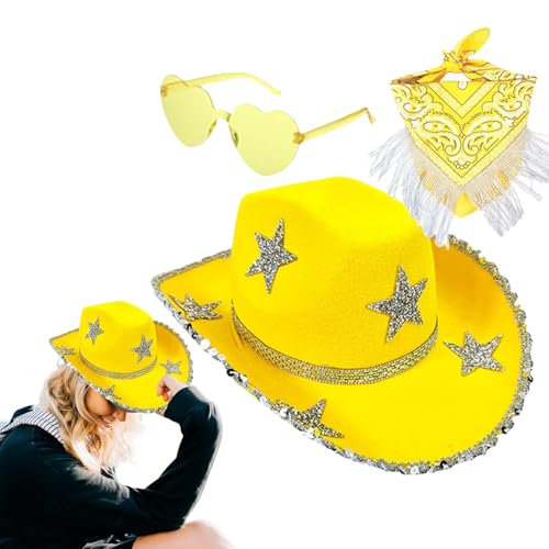 Darwaza Glitzernde Cowgirl-Mütze, Strass-Cowgirl-Mütze - 3X Glitzer Cowboyhut Strass Stern Bandana,Lustiger glitzernder Cowgirl-Hut, Halloween-Partykostüm für Disco-Partys von Darwaza