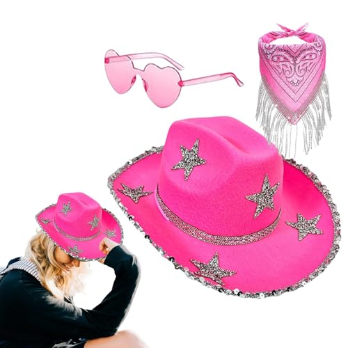 Darwaza Strass Cowgirl Hut,Strass Cowboyhut,3X Glitzer Cowboyhut Strass Stern - Cosplay-Zubehör-Set, glitzernder Cowgirl-Hut für Disco-Partys, Western-Hochzeits-Cosplay von Darwaza