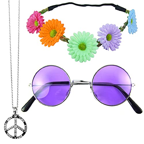 Das Kostümland Hippie Set 3-tlg. - Margeriten Haarband, Peace Kette und Lennon Brille - Lila von Das Kostümland