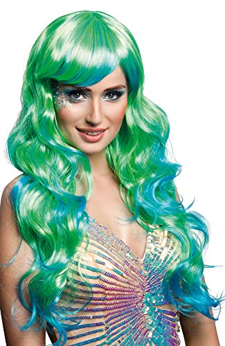 Das Kostümland Langhaar Locken Perücke Aqua mit Pony - Grün Blau - Accessoire Cosplay Animé Meerjungfrau Nixe Mermaid von Das Kostümland