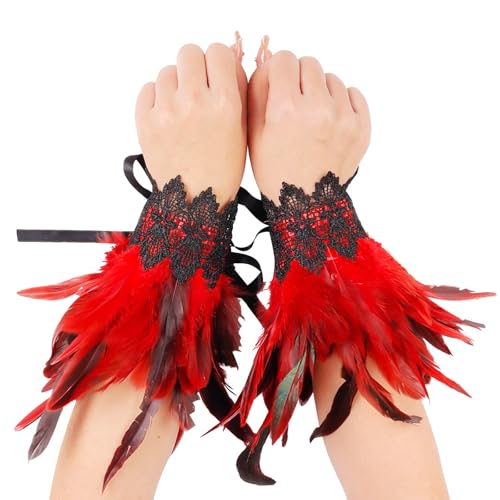 2 Pcs Gothic Feder Manschetten Rabe Hexe Priesterin Kostüm gefärbte Hahnfeder Armbänder mit Druckknopfverschluss Party Karneval Cosplay Dekorative Federärmel für karneval, Gotische Kleiderparty von Dasongff