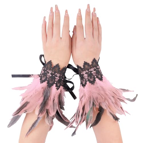 2 Pcs Gothic Feder Manschetten Rabe Hexe Priesterin Kostüm gefärbte Hahnfeder Armbänder mit Druckknopfverschluss Party Karneval Cosplay Dekorative Federärmel für karneval, Gotische Kleiderparty von Dasongff