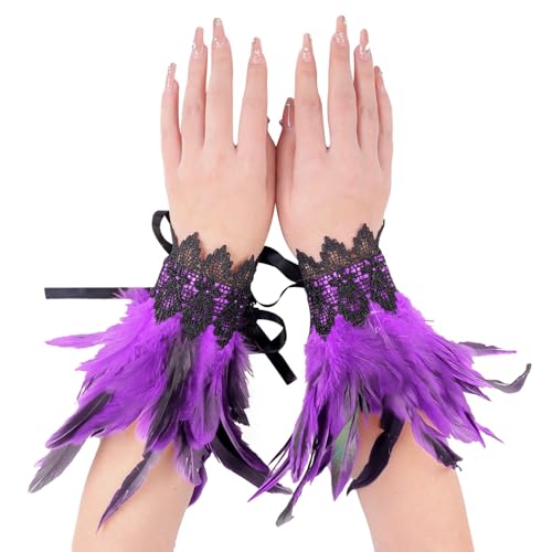 2 Pcs Gothic Feder Manschetten Rabe Hexe Priesterin Kostüm gefärbte Hahnfeder Armbänder mit Druckknopfverschluss Party Karneval Cosplay Dekorative Federärmel für karneval, Gotische Kleiderparty von Dasongff