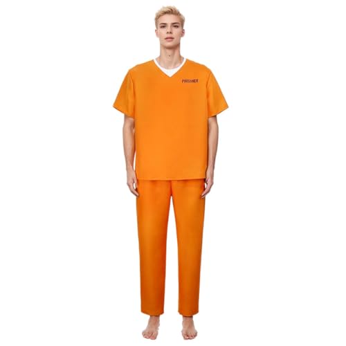 2025 Gefängnis Kostüm Orange Herren Gefangener Kostüm Damen Häftling Kostüm Faschingskostüme Set Verbrecher Kostüm Unisex Sträfling Kostüm Funny Prisoner Costume Karneval Kostüm Cosplay Party Kostüm von Dasongff