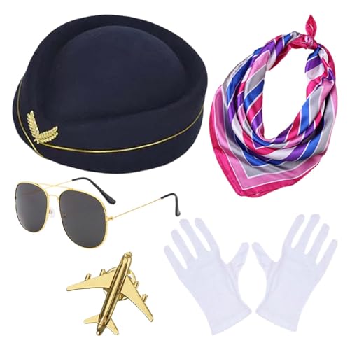 5PC Frauen Flugbegleiterin Kostüm Zubehör,Stewardess Kostüm Zubehör mit Hut Schal Handschuhe Sonnenbrille Broschen Stewardess Cosplay Set,Flugbegleiterin Kostüm Zubehör,Damen Stewardess Kostüm Zubehör von Dasongff