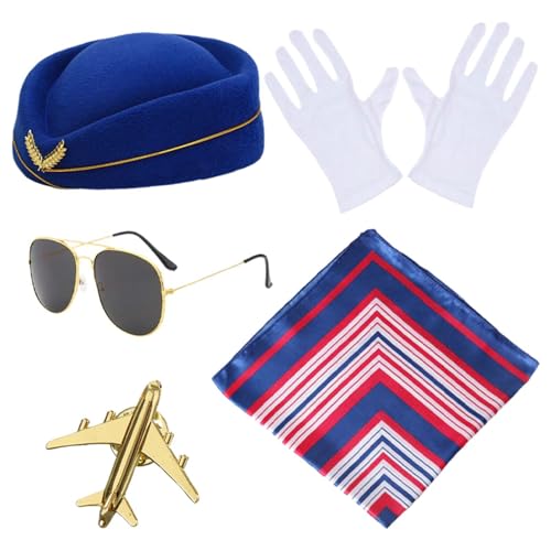 5PCS Frauen Flugbegleiterin Kostüm Zubehör, Stewardess Kostüm Zubehör mit Hut Schal Handschuhe Sonnenbrille Broschen Stewardess Kostüm Zubehör, Stewardess Kostüm für Damen,Stewardess Kostümzubehör Set von Dasongff