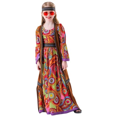 60er 70er Jahre Hippie Kostüm Kinder Set mit Hippie Accessoires, Retro Damen Hippie Kleidung Disco Outfit für Halloween Karneval Party Cosplay 60er Jahre Bekleidung Accessoires von Dasongff