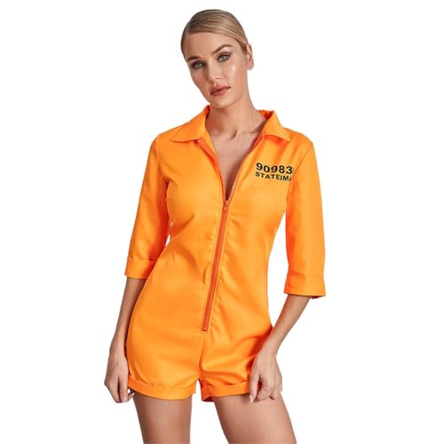 Damen Sträfling Kostüm Erwachsenen Gefangener Anzug Jumpsuit Overalls mit Gürtel Einheitliche Uniform Im Gefängnis Mottoparty Outfits Karneval Gefängnis Kostüme Brief Print Langarm Gefängnis Jumpsuit von Dasongff