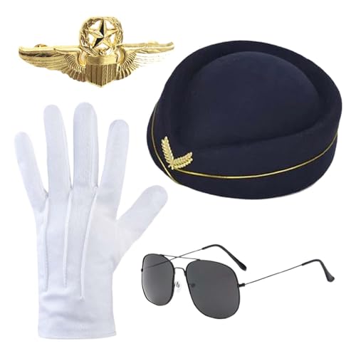 Stewardess Cosplay Set, Flugbegleiterin Kostüm Zubehör, Damen Stewardess Kostüm Zubehör, Stewardess Kostüm Hut Schal Handschuhe Zubehör, Stewardess Cosplay Kostüm Zubehör Für Halloween Karnevals von Dasongff