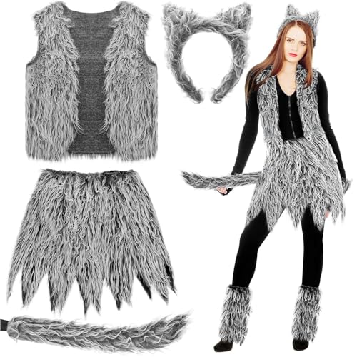 Werwolf Kostüm Damen, Werwölfe Ohren und Schwanz Set, Tierkostüm Damen mit Pfoten, Wolfskostüm Halloween Kostüm für Damen Herren Karneval Tiere Cosplay Geburtstag Party Faschingskostüme von Dasongff