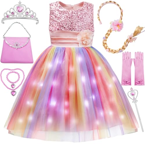 Davvew LED Leuchtendes Mädchen Prinzessin Kleid, Kinder Prinzessin Kostüm für Karneval Party Cosplay Verkleidung Halloween Fest Geburtstag, mit Zubehör Krone Zauberstab von Davvew