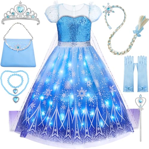 Davvew Mädchen Prinzessin Kleid, LED Leuchtendes Kostüm Kleid,Krone Zauberstab Party Verkleidung Karneval Halloween Weihnachten Kostüm von Davvew