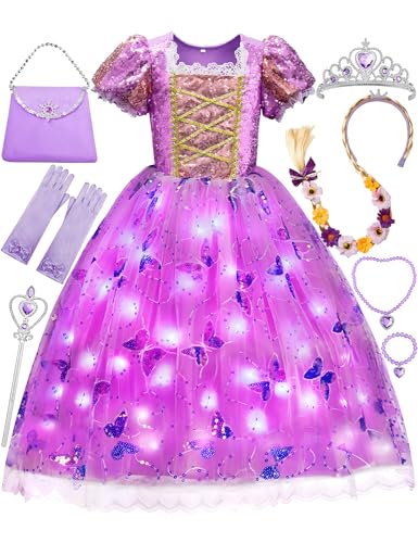 Davvew Mädchen Prinzessin Kleid, LED Leuchtendes Kostüm Kleid Kinder Dress Halloween Verkleidung Fee Märchen Verkleiden Party Geburtstag Lila Ballkleid Hochzeit von Davvew