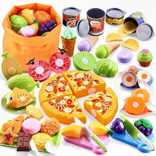 DawnReach Kinderküche Spielküche Zubehör für Kinder,66PCS Kinderküche Zubehör Set mit Pizza,Obst undGemüse Spielzeug Zum Scneiden,Rollenspiele Kinder Küchenzubehör,Geschenk Spielzeug ab 3 Jahre von DawnReach