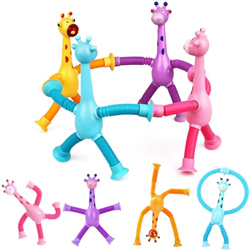 4 Stück Teleskop Saugnapf Giraffe Spielzeug, Telescopic Suction Cup Giraffe Toy, Giraffen Pop-Röhren Sensorik Spielzeug, Pop Tubes Sensorische Pädagogisches Stressabbau Spielzeug für Kinder von Dawumin