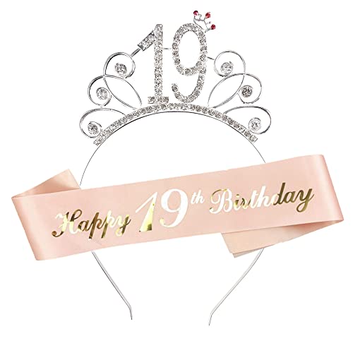 Daxlizy 19. Geburtstag Krone Schärpe, Geburtstagskrone Tiara Prinzessin Krone mit Strass Happy Birthday Schärpen aus Satin Junggesellinnenabschied Set für 19. Geburtstag Mädchen Deko Geschenk von Daxlizy