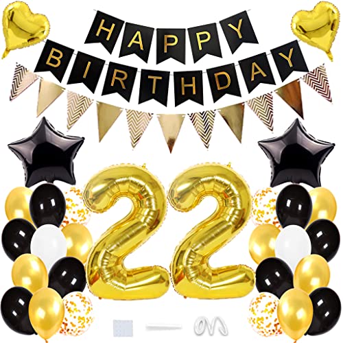 Daxlizy 22. Geburtstag Deko Mann, Geburtstagsdeko Frauen 22 Jahr, Luftballons Schwarz Gold Happy Birthday Girlande Banner, Riesen Folienballon 22, Helium Ballon 22 Deko zum Geburtstag Party Männer von Daxlizy