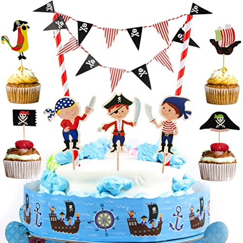 Daxlizy 53 Stück Tortendeko Pirat Cupcake Topper Piraten Geburtstag Junge, Pirate Kuchen Deko Tortenaufleger Wimpelkette Girlande, Cake Toppers Set für Baby Kinder Geburtstag Jungen Party Dekoration von Daxlizy