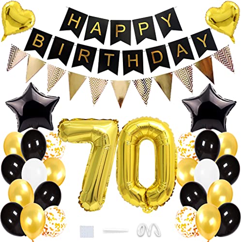 Daxlizy 70. Geburtstag Deko Mann, Geburtstagsdeko Frauen 70 Jahre, Luftballons Schwarz Gold Happy Birthday Girlande Banner, Riesen Folienballon 70, Helium Ballon 70 Deko zum Geburtstag Party Männer von Daxlizy