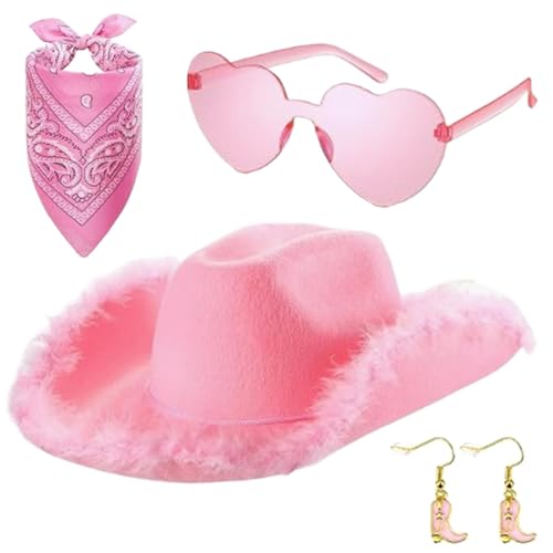 4 Stück Pinker Cowboyhut Für Damen, Cowgirl Hut, Western Cowboyhüte Mit Federn, Cosplay Party Kostüm Zubehör Mit Herzbrille Schal Und Brille Für Mottoparty Halloween Cosplay Dress Up Party Rollenspiel von Dayysiuy