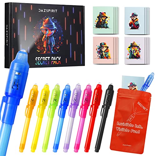 DazSpirit 8 Stück Geheimstift und Notizbuch-Set – Detektiv-Thema Geschenktüten, Zauberstifte mit UV-Licht Partytütenfüller für Jungen und Mädchen, Unsichtbarer Stift Spy Pen zum Mitgebsel Kinder von DazSpirit