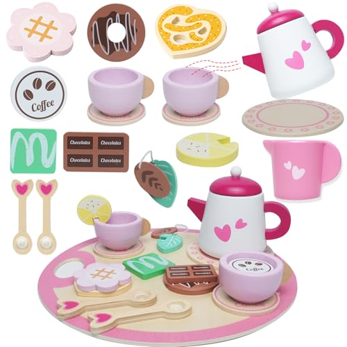 Dazhtu Teeset aus Holz für Kleinkinder, Pretend Play Tea Party Set, Kinder Teeparty Set mit Play Food Dessert Tablett Teekanne Küchenzubehör von Dazhtu