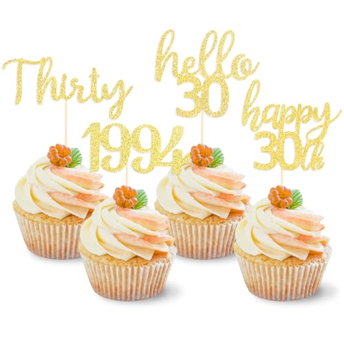 DazzJoy Glitzer Cupcake Topper 30. Geburtstag Mann Frau,24 Stück Cake Topper 30 Geburtstag Gold,30 Geburtstag Deko Torte,Happy 30th Birthday Tortendeko,Muffin Deko 30 Geburtstag Mann,1994 Deko von Dazzjoy