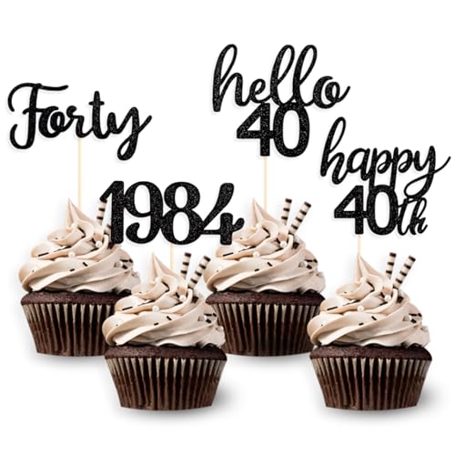 DazzJoy Glitzer Cupcake Topper 40. Geburtstag Männer,24 Stück Muffins Deko 40 Geburtstag,Tortendeko 40 Geburtstag Mann Frau,Geburtstagsdeko 40 Jahre,Torten Deko 40 Geburtstag Schwarz,1984 Geburtstag von Dazzjoy