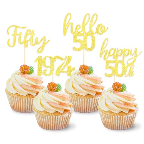 DazzJoy Glitzer 50. Geburtstag Cupcake Topper,24 Stück Tortendeko 50. Geburtstag Mann Frau,Muffin Deko 50 Geburtstag,Geburtstagsdeko 50 Gold,Torten Deko 50 Geburtstag Frau,Tortendeko 1974 von Dazzjoy