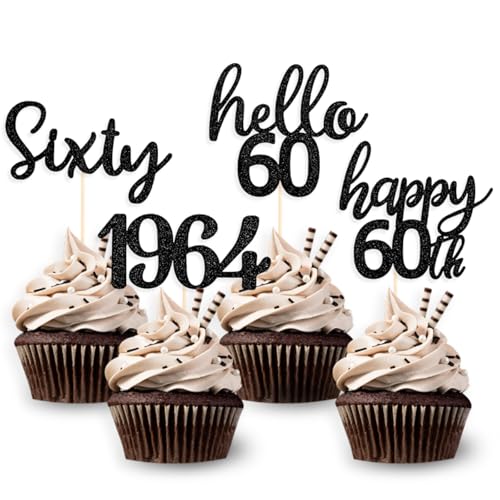 DazzJoy Glitzer 60 Geburtstag Cupcake Topper,24 Stück Tortendeko 60 Geburtstag Mann Frau,Muffin Deko 60. Geburtstag Schwarz,Cake Topper 1964 Geburtstag Mann,Torten Deko 60 Jahre von Dazzjoy