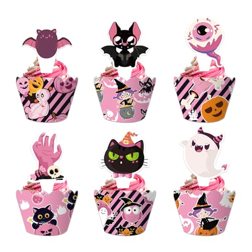 DazzJoy 24 Stück Halloween Cupcake Wrappers,Halloween Cupcake Toppers,Halloween Deko Torte,Fledermaus Halloween Muffin Deko,Ghost Muffinform Wrappers,Halloween Party Deko,Kuchendeko Halloween von Dazzjoy