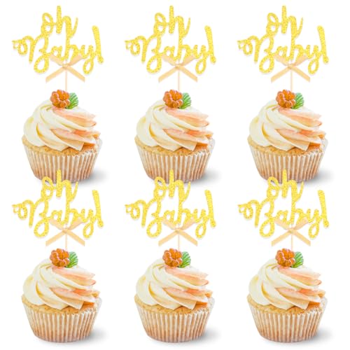 DazzJoy 24 Stück Oh Baby Cupcake Toppers,Glitter Oh Baby Deko Cake Topper Gold,Baby Shower Deko Torte,Babyparty Deko Junge,Oh Baby Tortendeko,Gender Reveal Party Deko,Baby Party Dekoration von Dazzjoy