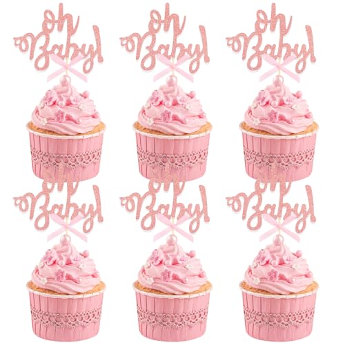 DazzJoy 24 Stück Glitzer Oh Baby Cupcake Topper,Oh Baby Tortendeko Babyparty,Rosa Torten Deko Babyparty,Gender Reveal Party Deko,Oh Baby Cake Topper,Baby Shower Kuchen deko,Baby Party Dekoration von Dazzjoy