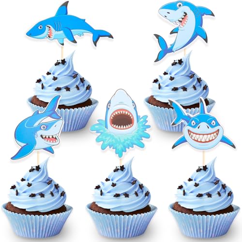 DazzJoy 30 Stück Hai Cupcake Topper Geburtstag,Hai Deko Kuchen für Kinder,Hai Tortendeko Mädchen Junge,Ozean Thema Tortendeko Geburtstag,Meerestiere Cupcake Topper für Taufe,Hai Muffin Deko Babyparty von Dazzjoy