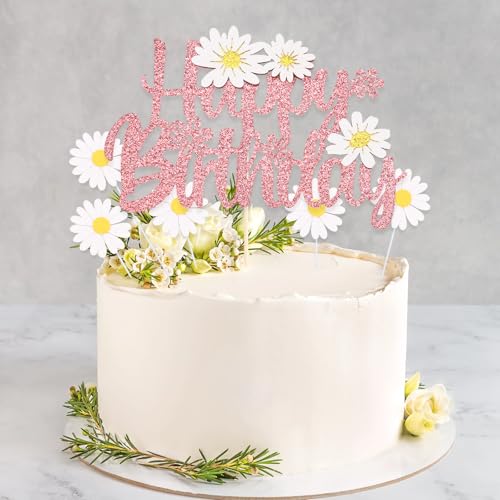 DazzJoy Happy Birthday Tortendeko Blumen,Gänseblümchen Tortendeko Geburtstag,6 Stück Glitzer Kuchendeko Geburtstag,Cake Topper Geburtstag für Mädchen,Happy Birthday Kuchen Deko Rosa von Dazzjoy