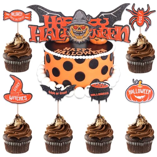 DazzJoy Glitzer Halloween Tortendeko,Halloween Deko Torte,Halloween Cupcake Topper,13 Stück Halloween Party Deko Fledermaus,Halloween Muffin Deko Spinne,Halloween Kuchen Deko,Halloween Cake Topper von Dazzjoy