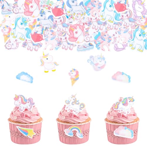 DazzJoy 80 Stück Einhorn Tortendeko Essbar,Esspapier Tortendeko,Essbare Einhorn Kuchendeko Mädchen,Einhorn Muffin Deko Essbar,Einhorn Cupcake Topper Mädchen,Einhorn Deko Torte für Geburtstag Party von Dazzjoy