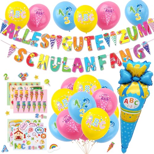 DazzJoy Einschulung Deko Jungen,Schulanfang Deko Einschulung Junge Mädchen,ABC Zuckertüte Schuleinführung Deko Luftballon,Schulbeginn Deko Set mit Schulkind Girlande, Folienballon, Schulanfang Sticker von Dazzjoy