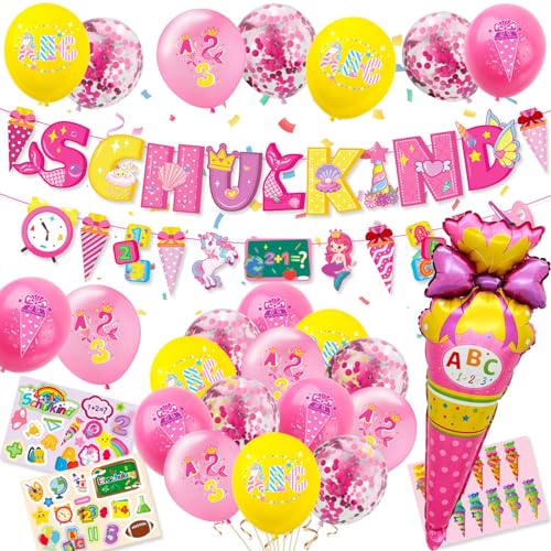 DazzJoy Einschulung Deko Mädchen,Schulanfang Deko Einschulung Mädchen Junge,ABC Zuckertüte Schuleinführung Deko Luftballon,Schulbeginn Deko Set mit Schulkind Girlande,Folienballon,Schulanfang Sticker von Dazzjoy