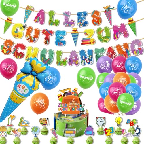 DazzJoy Einschulung Deko Jungen Mädchen,Einschulung Schuleinführung Schulanfang Deko Set,Girlande Alles Gute Zum Schulanfang,Tortendeko Einschulung mit ABC,Zuckertüte Luftballon Einschulung von Dazzjoy